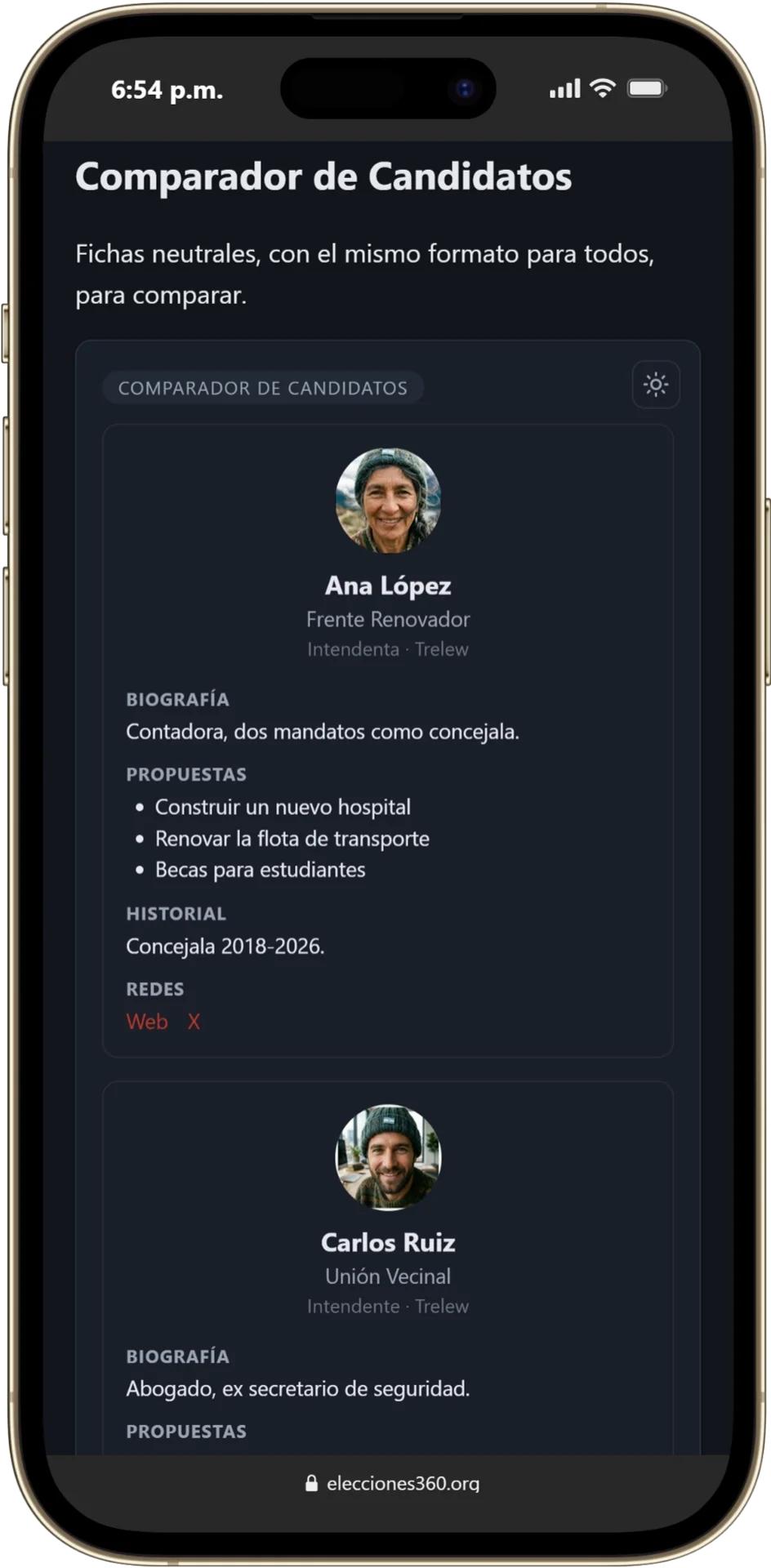 Comparador de candidatos en el celular, con fichas de formato parejo