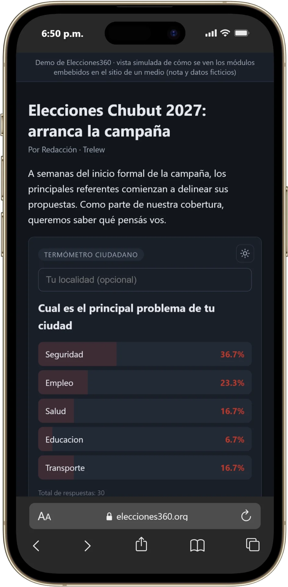 Un módulo de Elecciones360 embebido en una nota real, visto en el celular
