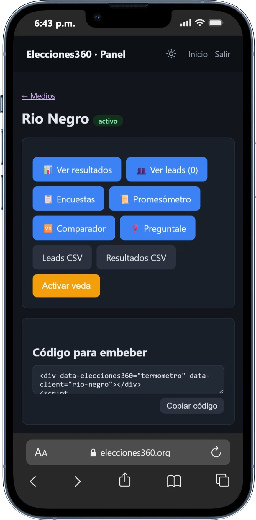 El panel de gestión de Elecciones360 en el celular