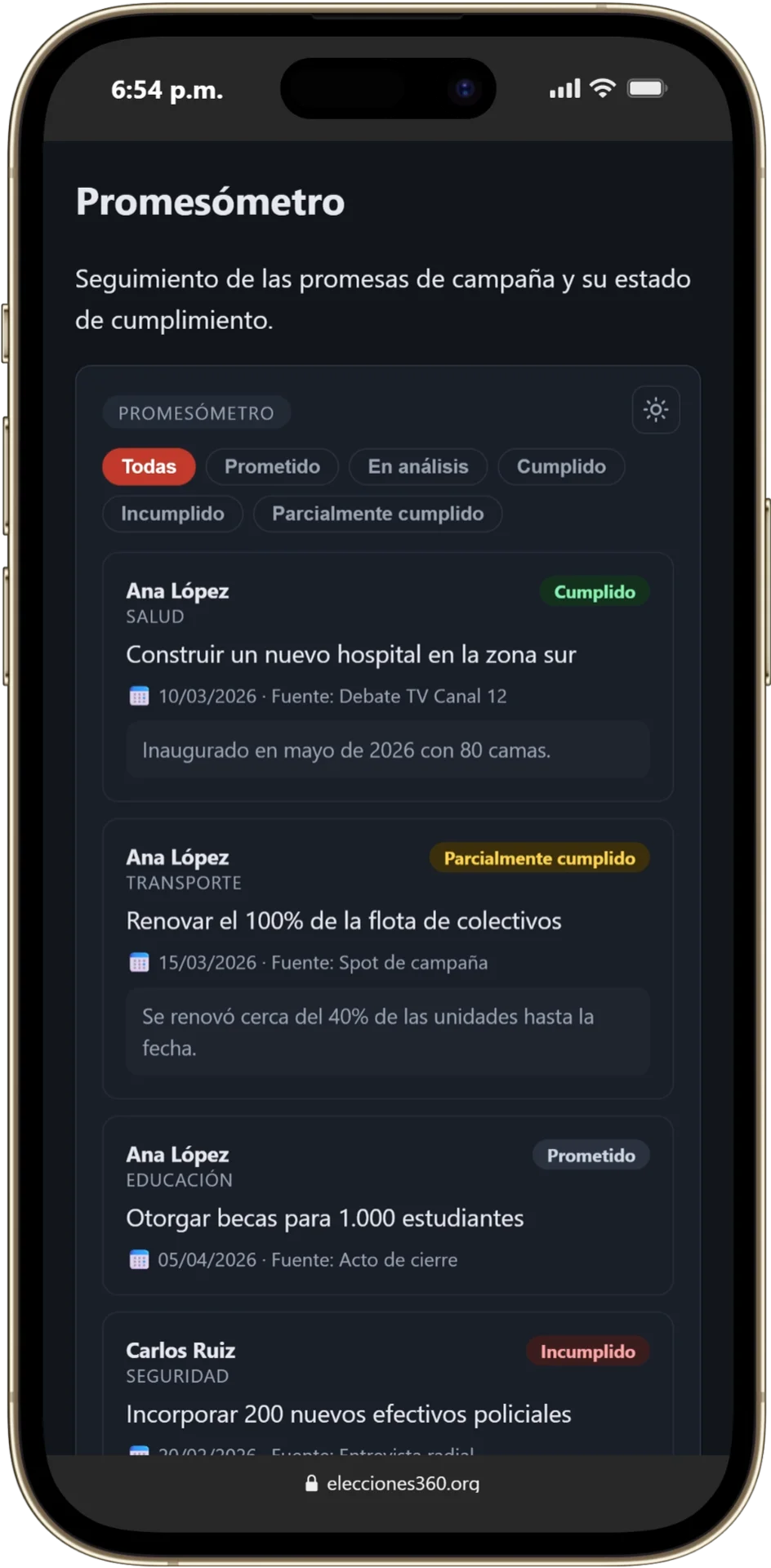 Promesómetro en el celular, con estados por color